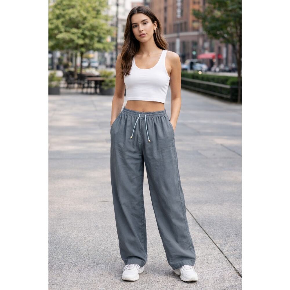 ONE RESOURCE Silk Acetate Lined Pants S Gray Green Elastic Waist